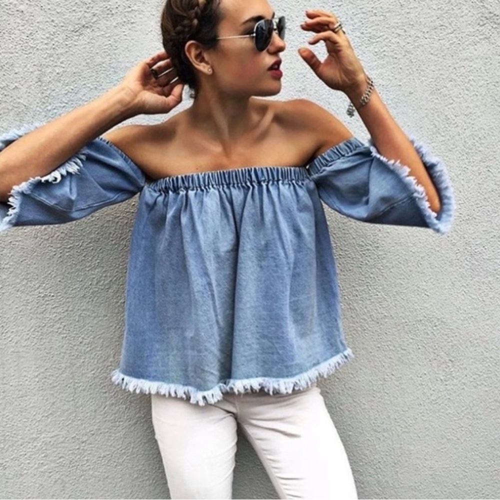 J.O.A. Light Blue Off-Shoulder Blouse